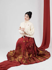 [Golden Peach & Jade Play] 金桃玉弄 Original Ming Dynasty Hanfu Set with Knit Tops & Golden Mamian Skirt
