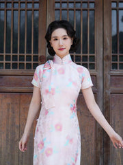 春和景明 [Spring Harmony] Original Camellia Flat-Cut Silk Blend Qipao - 30.5 Momme Heavyweight Silk