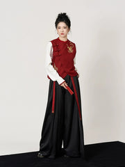 [The Crimson Phoenix] 火雀 Original Runway Hanfu Set with Embroidered Vest, Shirt, and Wide-Leg Pants