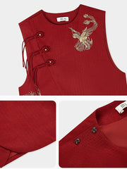 [The Crimson Phoenix] 火雀 Original Runway Hanfu Set with Embroidered Vest, Shirt, and Wide-Leg Pants