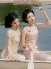 [Scarlett] 斯嘉丽 Original Sleeveless Cold-Shoulder Silk-Luster Qipao - Sexy Slim-Fit Summer Long Dress